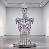 Sculpture de buste de squelette humain en fil d'acier inoxydable poli miroir