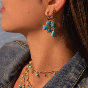 Boucles d'oreilles pendantes en acier inoxydable 316L plaqué or 14k 18k avec pierre turquoise pour femmes - Vente en gros de bijoux de mode - Product Image 2