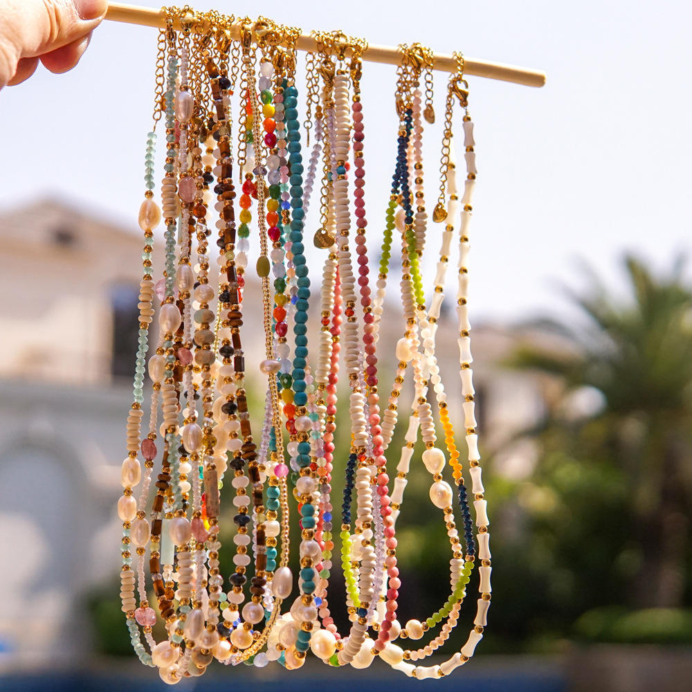 Hot Sale Handmade Gold Stainless Steel Jewelry Accessories Fresh Pearl  Irregular Multi Natural Stone Crystal Beaded Necklace