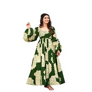 Robe Anarkali imprimée verte pour femme, longueur ras du sol, style traditionnel indien et pakistanais, en coton, décontractée, coupe ample - Product Image 1