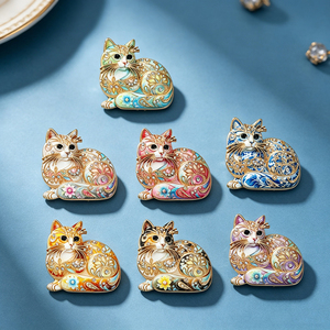 Broche de Esmalte Vintage Floral com Gato e Rolo Floral, Alfinete de Lapela de Gatinho com Strass para Mulheres, Acessório para Casacos e Vestidos - Product Image 1