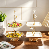 Assiette à gâteau en céramique double couche motif floral de luxe, plateau de rangement pour fruits, ornement de bureau, fournitures de cuisine personnalisées, décoration intérieure