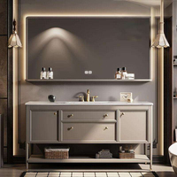 Meuble-lavabo autoportant de luxe marron café avec poignée dorée et miroir LED, armoire sur pied pour hôtel et villa - Vente en gros