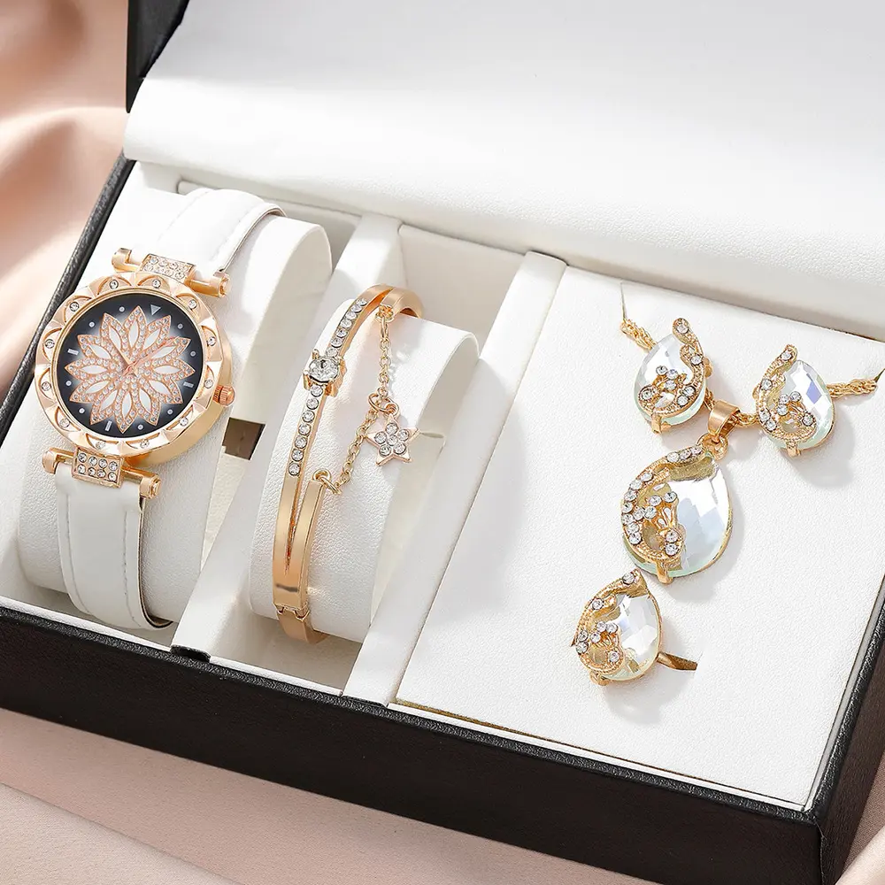 Wholesale Crystal Bracelet Stud Earring Necklace jewelry Set WOMEN Quartz Watches set for Ladies