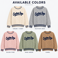 Pull personnalisé pour femme à col rond en tricot torsadé à manches longues avec bordure contrastée et logo imprimé en relief pour l'automne et l'hiver