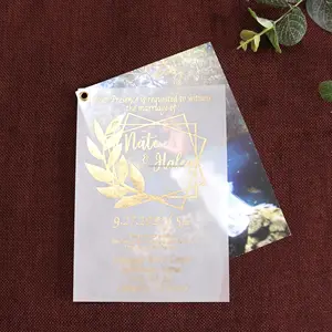Invitations de <span class=keywords><strong>mariage</strong></span> en couches de vélin en feuille d'or et réservez les dates avec photo - Product Image 1