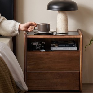 Solid Wood Nightstand Modern Minimalist North American Black <b>Walnut</b> 2 <b>Drawers</b> 1 Compartment Bedroom Storage - Product Image 1