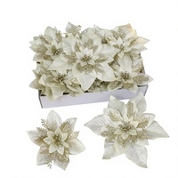 Fleurs de Noël artificielles en poinsettia or champagne en gros, ornements floraux en plastique scintillant pour arbre, couronne et cheminée