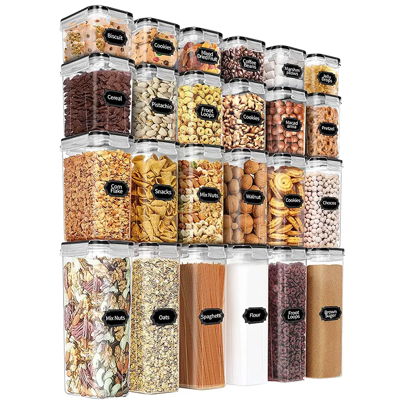 Paquete de 24 contenedores de almacenamiento de despensa de cocina apilables herméticos de plástico libre de BPA y cajas de almacenamiento de alimentos con tapas