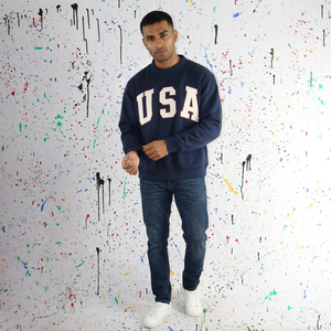 Sudadera con Capucha Azul USA para Hombre, 100% Algodón, con Apliques Blancos Bordados, Estilo Vintage Urbano, Cierre de Cremallera, Secado Rápido, Servicio OEM - Product Image 1