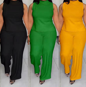 Completo da <span class=keywords><strong>donna</strong></span> taglie forti africano estivo tinta unita <span class=keywords><strong>elegante</strong></span> <span class=keywords><strong>casual</strong></span> da ufficio e da strada senza maniche con 2 pantaloni - Product Image 1