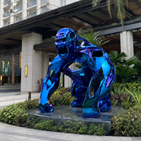 Escultura de Gorila Geométrica de Acero Inoxidable, Pulida a Espejo, Azul, Estatua de Animal para Decoración Comercial de Exteriores, Plazas, Jardines y Hoteles