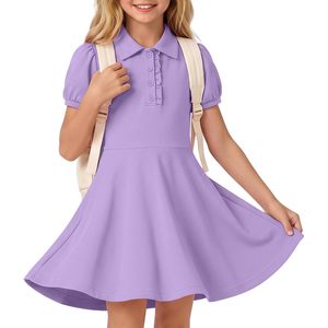 Robe Polo Uniforme Fille à Manches Bouffantes Volants Boutonnée Coupe Skater en Coton Tricoté - Product Image 1