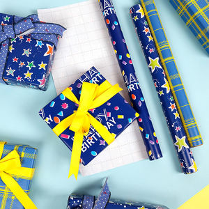Alta calidad al por mayor 80g 43*300cm cumpleaños fluorescente azul y amarillo papel de embalaje papel de regalo - Product Image 5