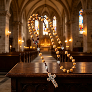 Collier de prière en bois avec perles et crucifix en argent INRI, bijoux religieux chrétiens unisexes, faits à la main, plaqué antique - Product Image 2