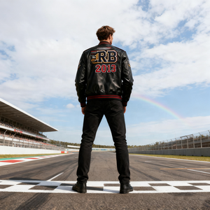 جاكيت سباق كلاسيكي من الجلد الصناعي مع رقع مطرزة وتصميم متعدد الألوان وياقة عالية وسحاب للرجال - Product Image 3