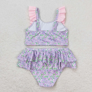 Maillots de bain d'été en gros pour petites filles, imprimé floral, sans manches, à volants, pour enfants - Product Image 3