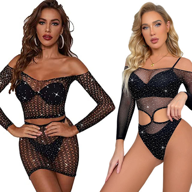 2024 Stylish Multi- Style Fishnet Rhinestone Bodysuit Crotchless Sheer Long Sleeve Nylon Mature Womens Body Stocking