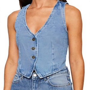 Blue Denim Corset Vest Regular Fit V-Neck Sleeveless <b>Top</b> with Eco-Friendly 240g Fabric Breathable & Quick Dry Vintage Summer - Product Image 3