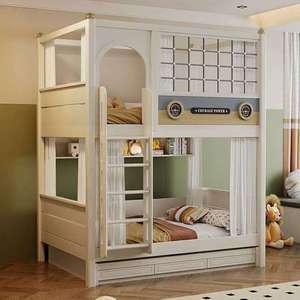 Modernes Gitterbogen-Fenster Massivholz Kinder-Etagenbett mit Aufbewahrungstreppen Schubladen Sichtschutzvorhang für Jungenzimmer - Product Image 1