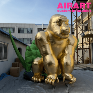 Estatua Inflable de Gorila Gigante Metálico Dorado Personalizada, Modelo Inflable de King Kong Dorado Brillante con Hojas Verdes de Selva - Product Image 3