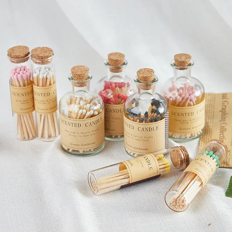 Hot Selling Long Kitchen Wooden Personalised Bulk Safety Tall Matches With Jar Luxury Wooden Glass Bottle Long Match