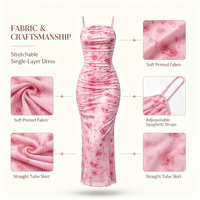 Robe Midi Femme Imprimé Floral en Maille à Bretelles Fines, Style Crayon Froncé et Drapé, Printemps Automne, Élégante pour Vacances et Soirées OEMODM
