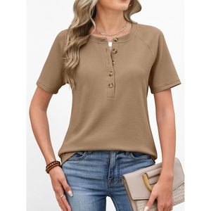 FOXA Women Waffle Knit Top Short Sleeve Henley Button Front Casual <b>Blouse</b> Spring Fashion 2026 - Product Image 6