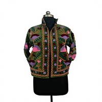 Jaket Bomber Rajut Beludru Ringan Ramah Lingkungan Warna Hijau untuk Musim Dingin, Bordir Bunga, Kerah Tegak, Ukuran Reguler, Motif Bunga untuk Wanita