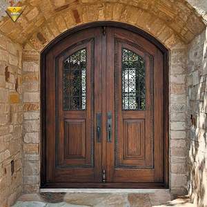 Porte d'entrée extérieure en bois cintrée avec vitrage, portes en bois massif sur mesure pour maison, design moderne - Product Image 2