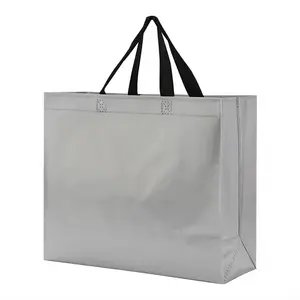 वाइन के लिए प्रोमोशनल क्रिसमस मैटेलिक सिल्वर फ़ॉइल उपहार बैग पुन: प्रयोज्य लैमिनेटेड गैर बुना बैग शॉपिंग किराना टोट उपहार बैग
