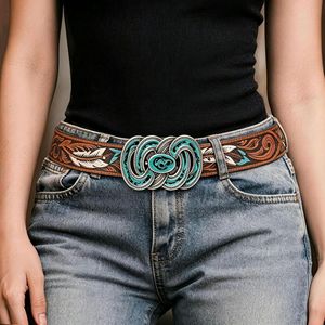 Cintura in denim retrò transfrontaliera con ricamo floreale, stile pittura a olio, fibbie simmetriche a corno in lega e dettagli a piuma - Product Image 2