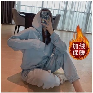 Women's Fleece Lined Tracksuit Set Sky Blue Loose Fit Casual Two Piece Autumn Winter Korean Style Sweatshirt Outfit - Product Image 5