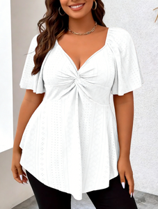 Chemisier Peplum Femme Grande Taille Blanc en Fibre de Lait Tricoté Col V Torsadé à Volants Manches Courtes avec Nœud Design Décontracté - Product Image 3