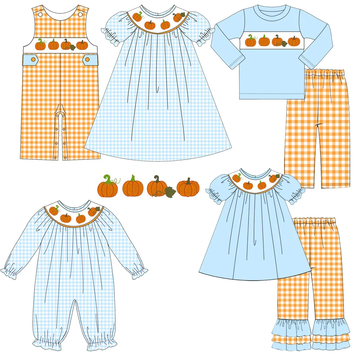 Puresun boutique casual kids clothing leg romper gingham cotton pumpkin smocked infant long sleeve romper