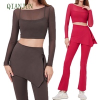 Ensemble de survêtement de sport pour femmes grande taille personnalisé, 2 en 1, t-shirts à manches longues en maille, leggings évasés à haute élasticité