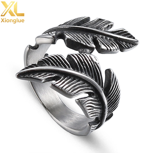 Stainless Steel Feather Retro Fashion Leaves Men's <b>Silver</b> <b>Adjustable</b> Opening <b>Ring</b> - Product Image 3