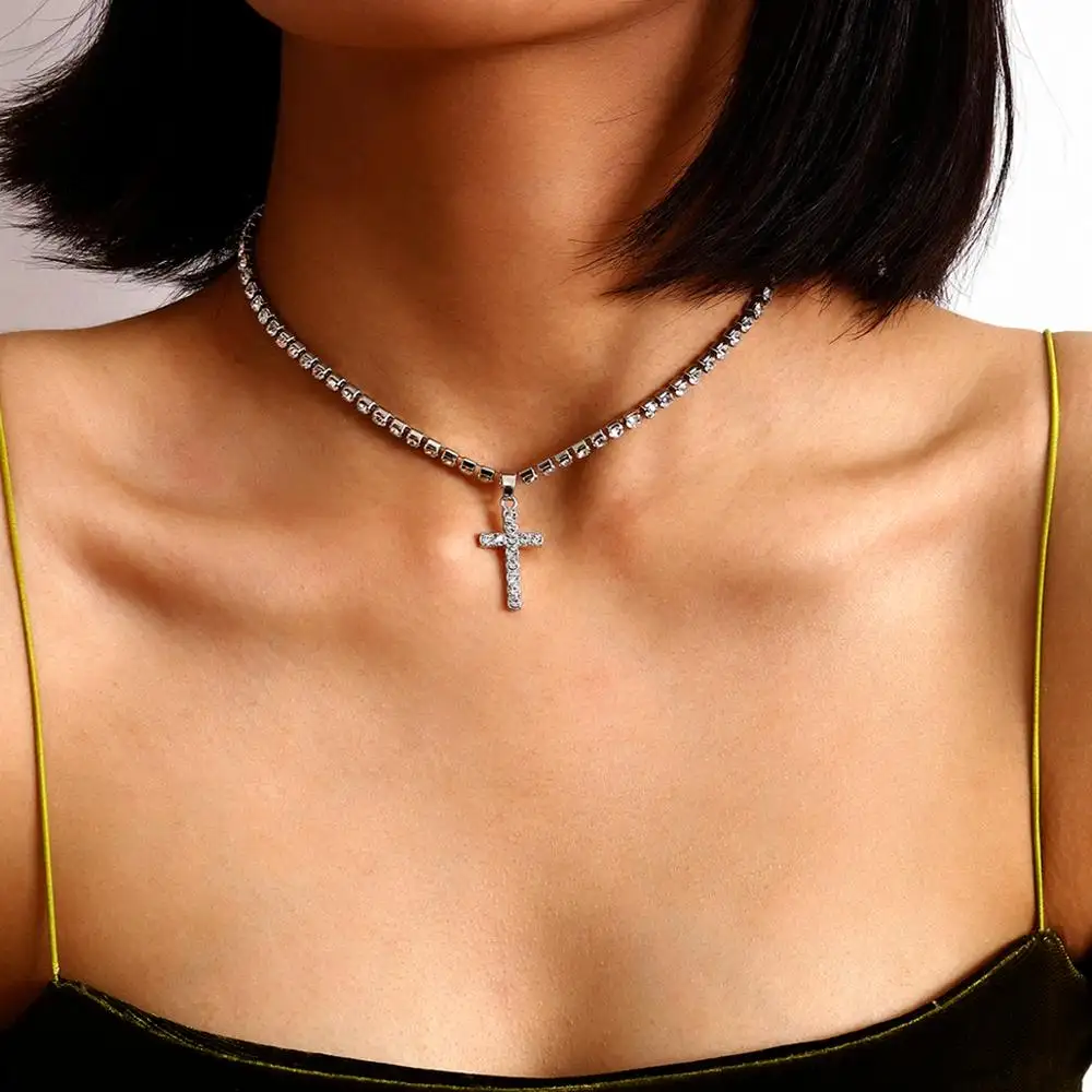 High Quality Crystal Cross Pendant Choker Necklace Jesus Vintage Rhinestone Link Chain Necklaces Charm Christian Couple Jewelry