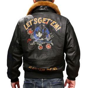 نمط G1 مفجر طيار تطريز معاطف جلد طبيعي للرجال طوق صوف جلد البقر والجاكيت جلد الماعز - Product Image 1