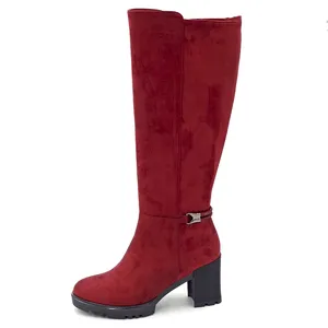 Женские замшевые сапоги выше колена, красные сапоги на платформе и высоком каблуке, 2021