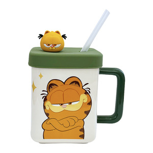 Taza de cerámica Garfield con tapa y pajita, diseño de dibujos animados, para hombres y mujeres, taza de regalo de cumpleaños - Product Image 4