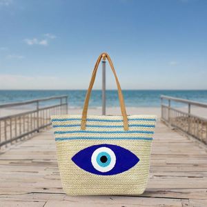 Grand sac fourre-tout en paille grande capacité avec fermeture éclair, portable, résistant à l'eau, pour voyages en extérieur, sacs de plage d'été motif Evil Eyes pour femmes - Product Image 4