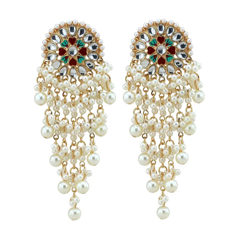 Gold Plated Long Tassel Earrings Jhumka Ethnic Tribal Pearl Dangle Indian Earrings Jewelry for Party Wedding Wear