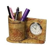 Porte-stylos et crayons en cuir PU LG-B015B avec horloge, organiseur de bureau, boîte de rangement pour accessoires de bureau, noir