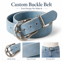 Ceinture en daim bleu cloutée avec logo personnalisé Yogoo pour femme, sangle en cuir léger, boucle martelée argentée vintage, fournisseur ODM