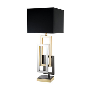 Lampe de table de bureau de style abstrait avec cadre en fer carré, or et noir, avec abat-jour en lin noir et port USB - Product Image 1