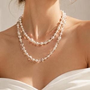 Collier minimaliste transparent en perles simulées, chaîne en acier inoxydable plaqué or, résistant à l'eau, pour femmes - Product Image 1