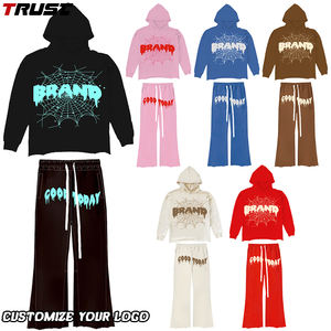 Nuovo Logo personalizzato Dtg Pullover oversize 2 pezzi pantaloni svasati da uomo due pezzi set di pantaloni sportivi svasati da uomo Crop Top e set felpa con cappuccio - Product Image 1