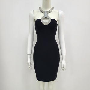 2022 yeni kadın moda giyim seksi zarif siyah tasarımcı abiye Backless parti balo kulübü kristal Rayon bandaj elbise - Product Image 5