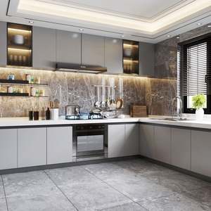 Ensemble de meubles de cuisine moderne de luxe en kit, laque haute brillance, panneaux en mélamine, évier en marbre - Product Image 1